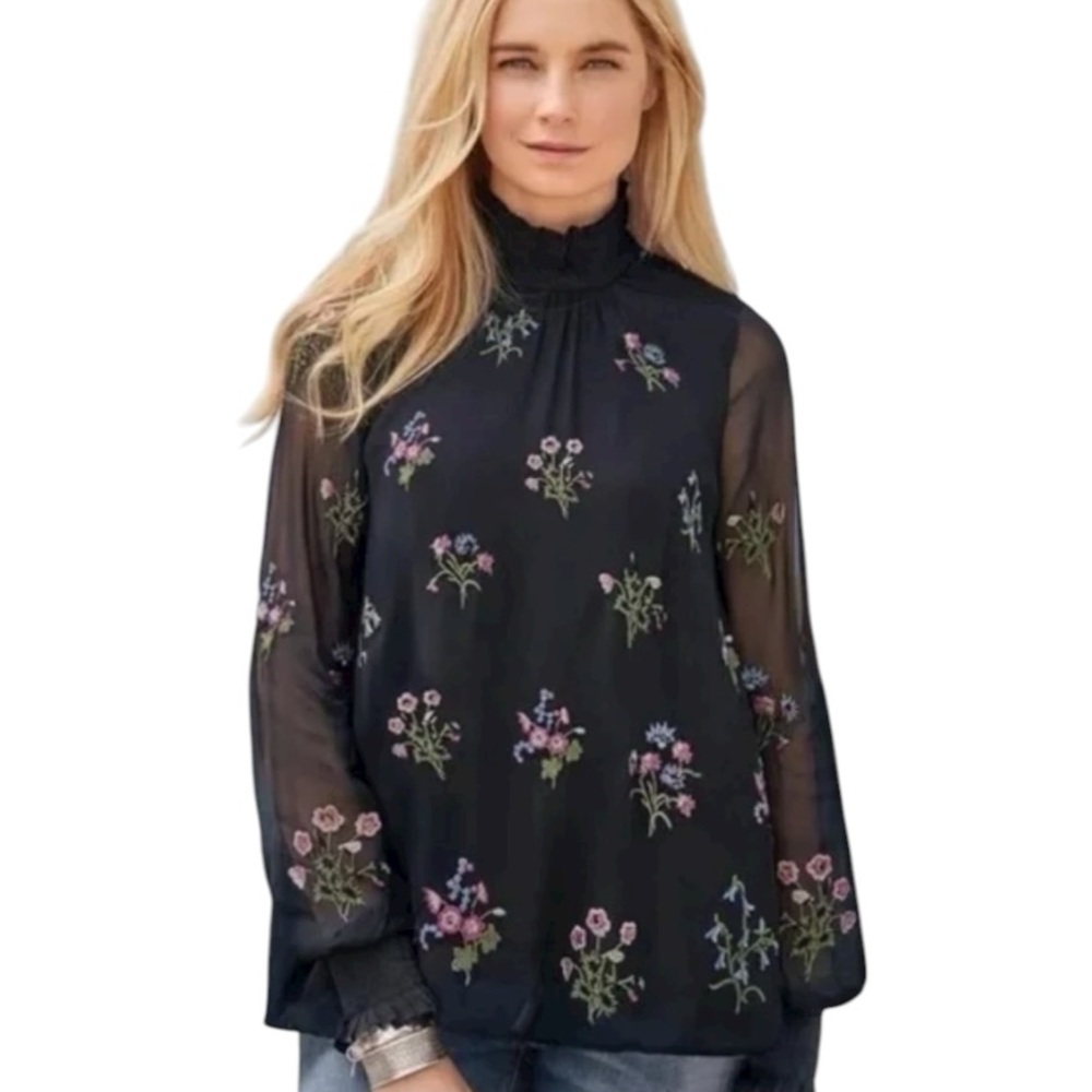 Sundance Fleur Flare Black Embroidered Floral Smocked Neck Blouse - L